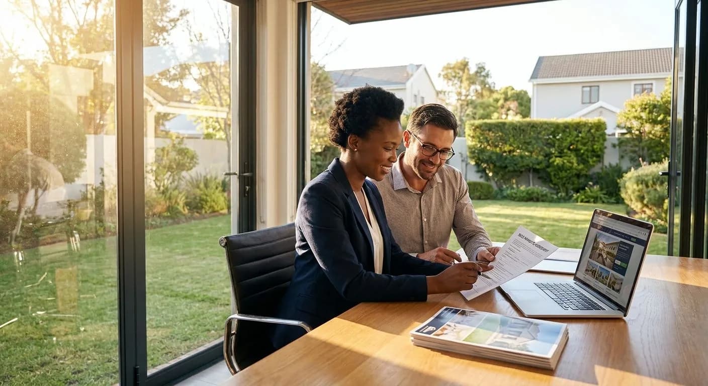 A South African estate agent reviewing a sole mandate agreement at a sunlit desk with property brochures and a laptop