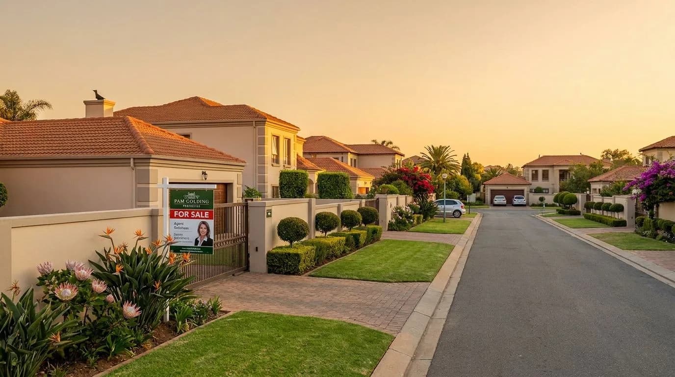 A neat South African suburban street at golden hour with well-maintained homes, terracotta rooftiles, and a for-sale sign at a garden gate