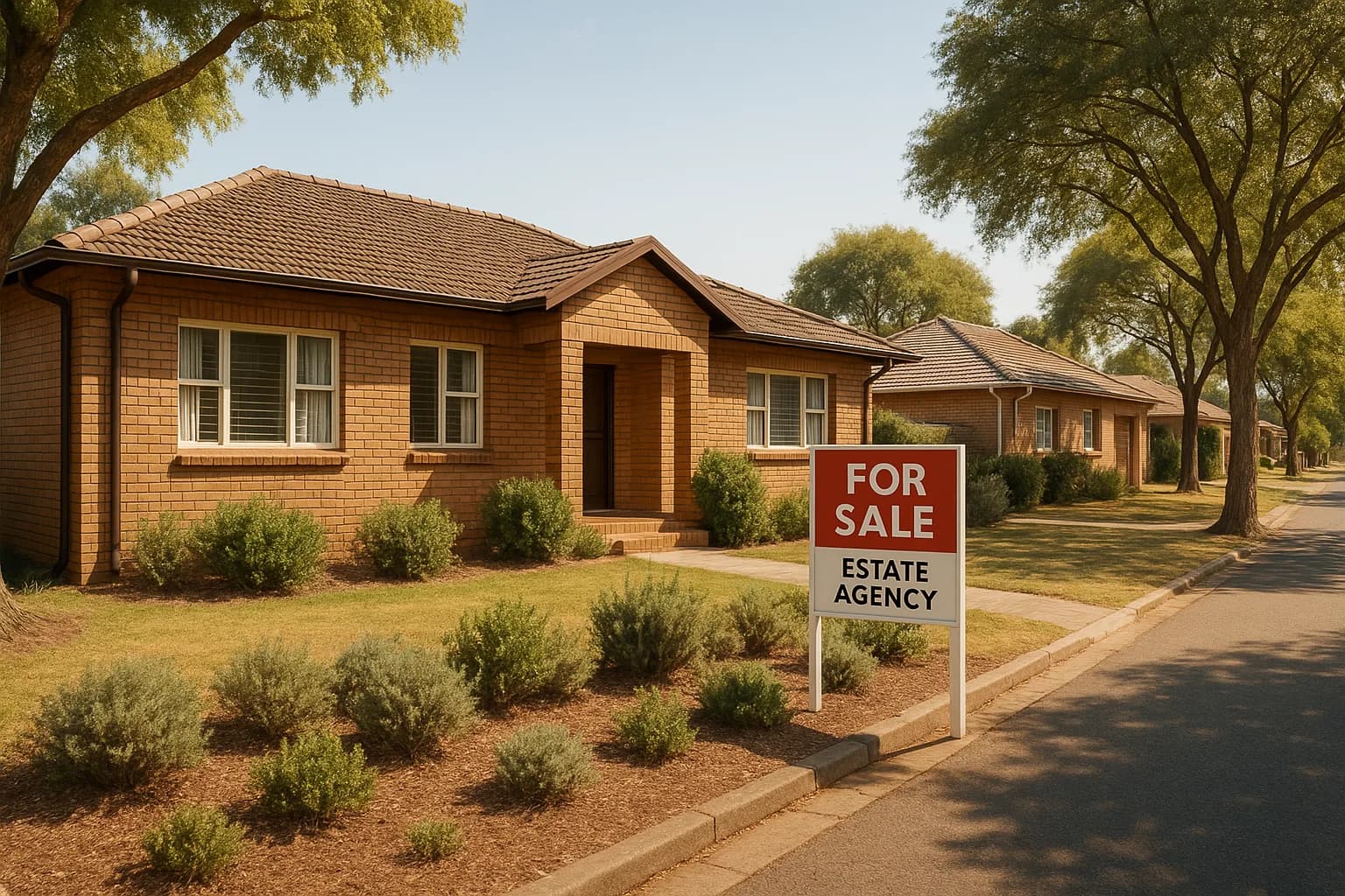 A facebrick suburban home with a for-sale sign in the front garden on a tree-lined South African street.