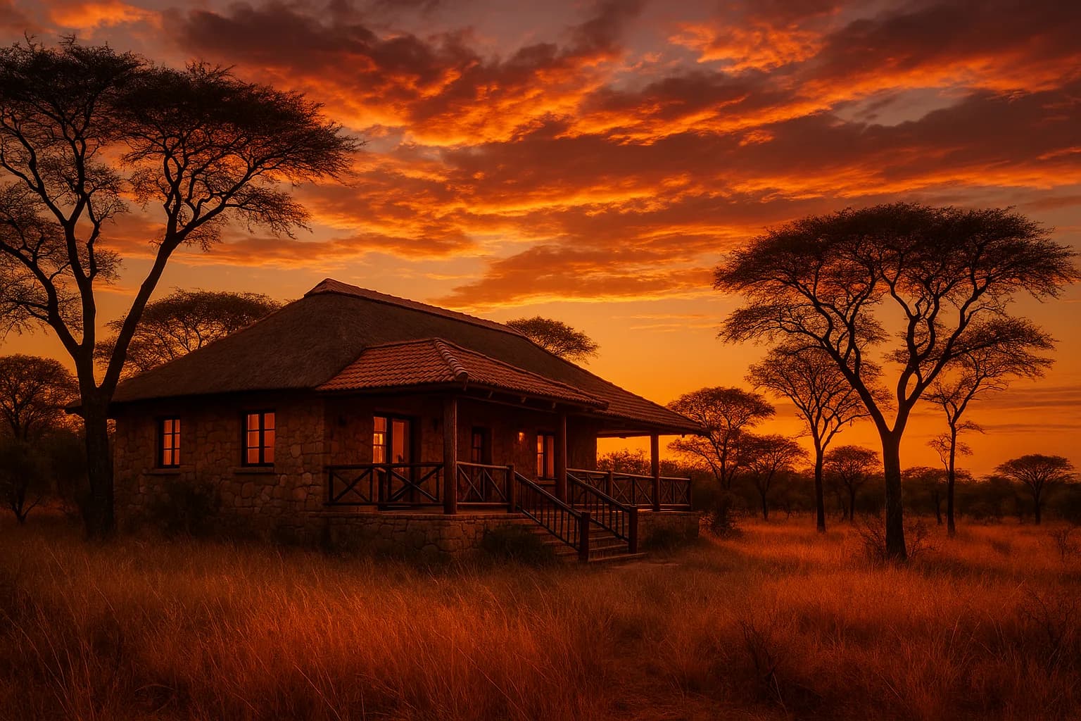 A crisp photorealistic bushveld safari lodge property at golden sunset among acacia trees, relevant to understanding the Alienation of Land Act for South African buyers and sellers.