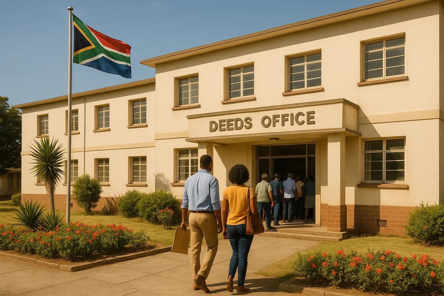 A couple walking toward the entrance of a South African deeds office building carrying property documents.