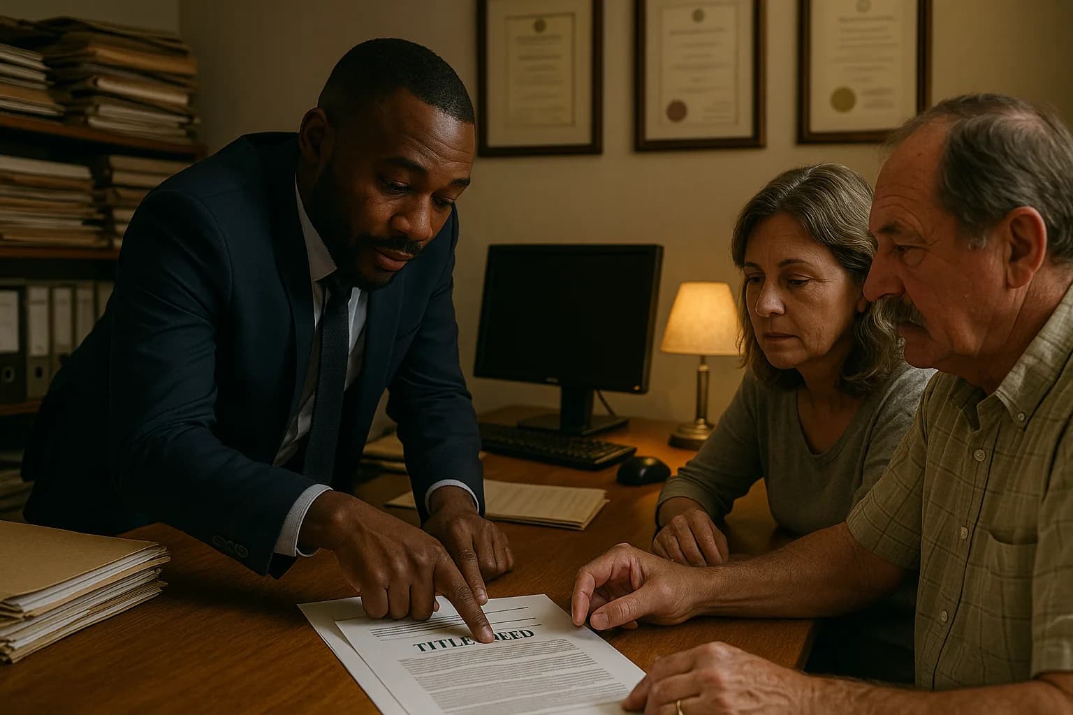 A conveyancer explaining a title deed document to a couple seated across from him in a property law office.