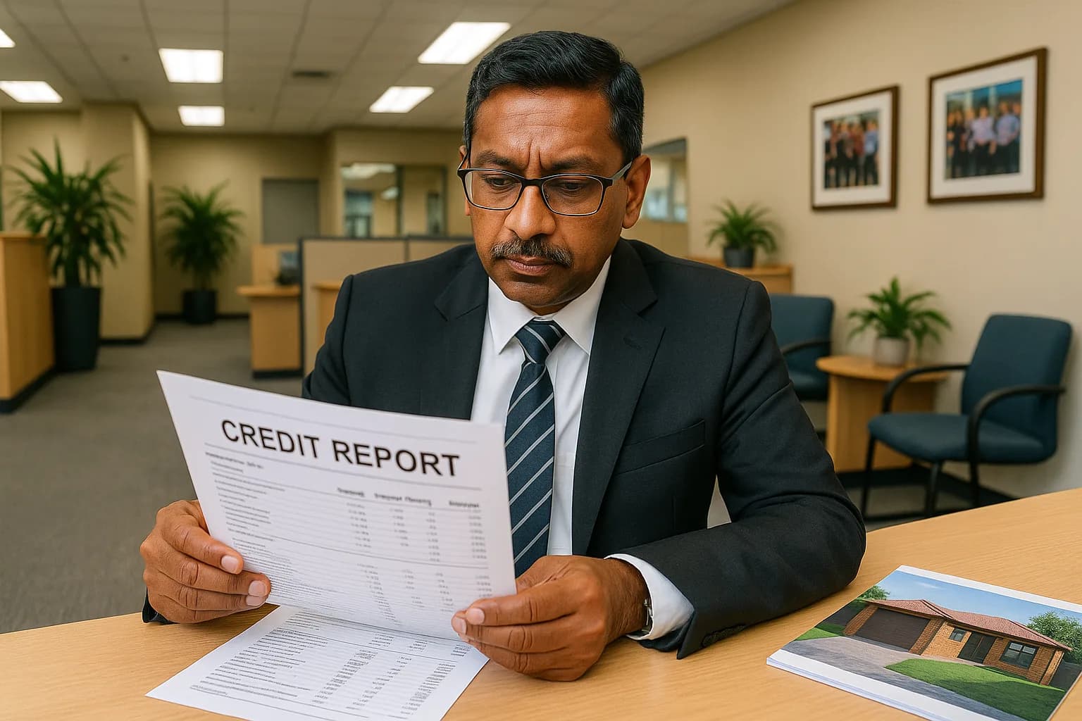 A bank loan officer reviewing a printed credit report at a branch desk with a residential property brochure visible nearby.
