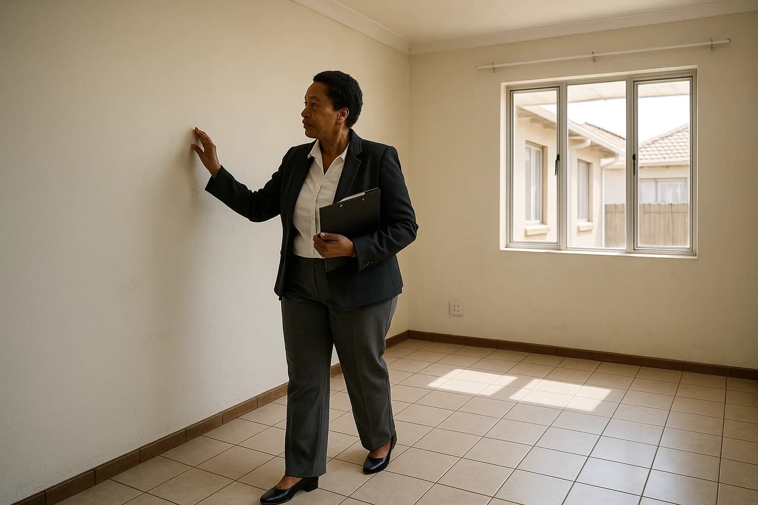 A property professional conducting a final inspection walkthrough in an empty residential living room, holding a clipboard and checking the walls.