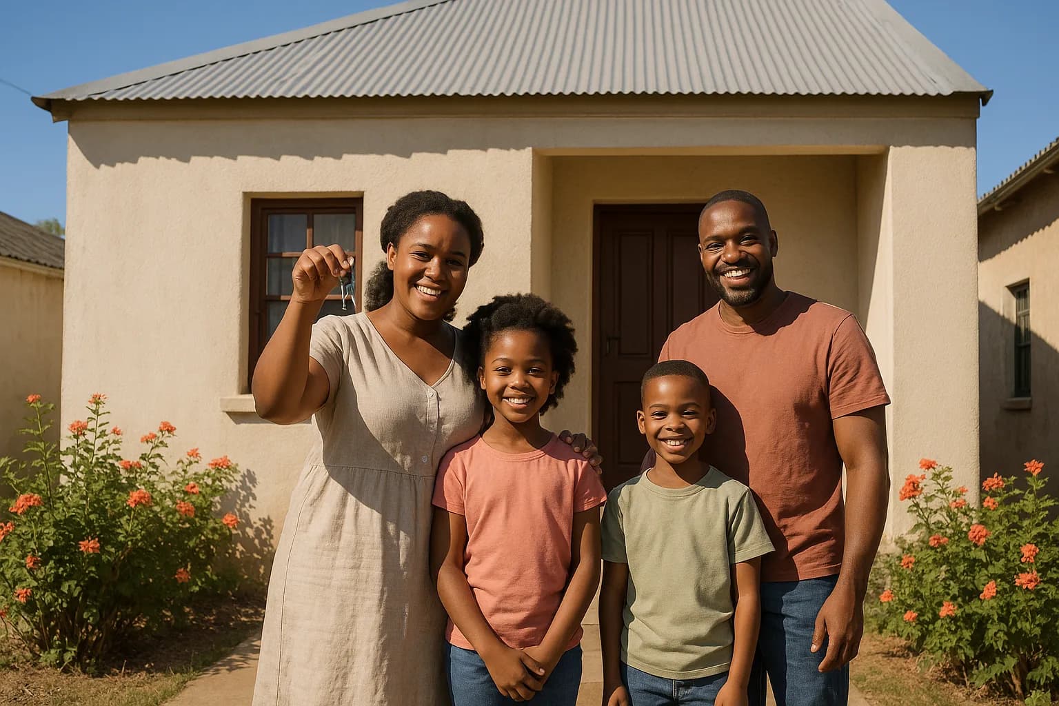 A family standing on the front porch of their new home, the mother holding up house keys after taking occupation following property registration.