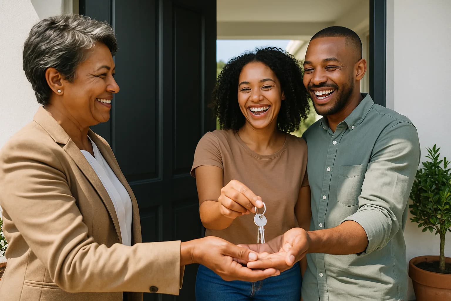 A South African estate agent completing the key handover to a smiling young couple at the bright front door of their new suburban home.
