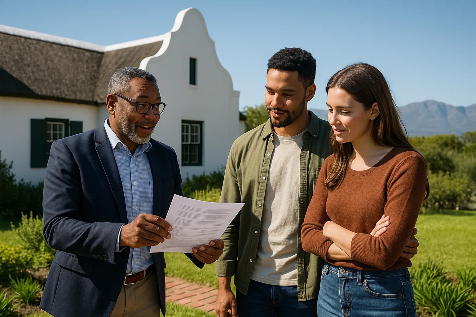 An estate agent explaining a property document to a couple outside a Cape Dutch home with fynbos and mountains in the background.