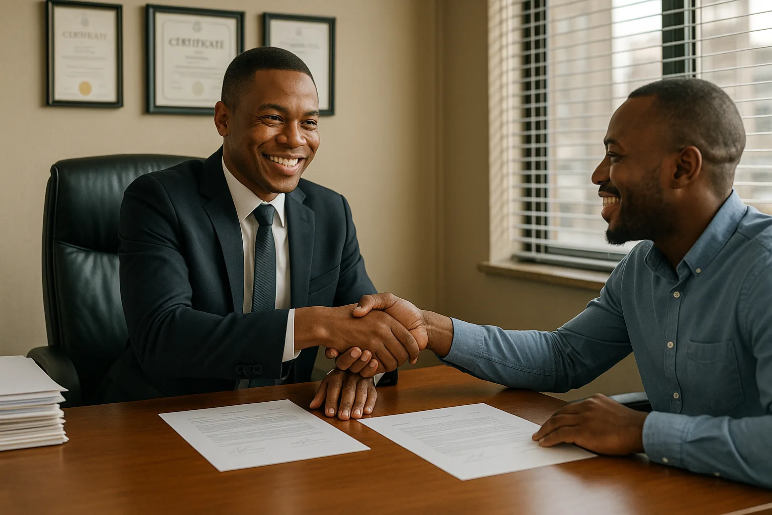 A conveyancer shaking hands with a buyer across a desk after completing the signing of property transfer documents in a Johannesburg law office.