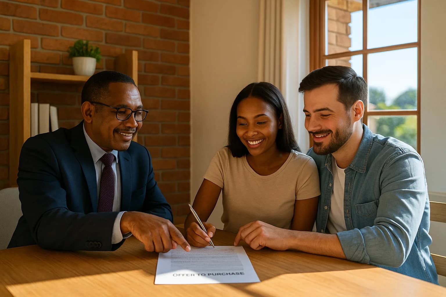 A conveyancer guiding a couple through signing an offer to purchase at a sunlit desk in a South African home office.