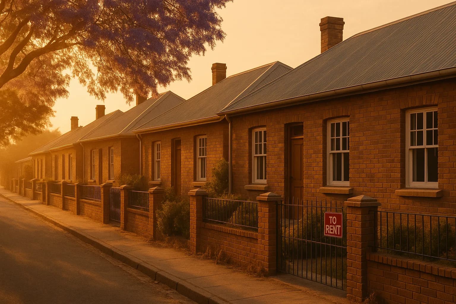 A row of modest facebrick rental homes along a quiet provincial South African street at golden hour, with a For Rent sign visible on one front gate.