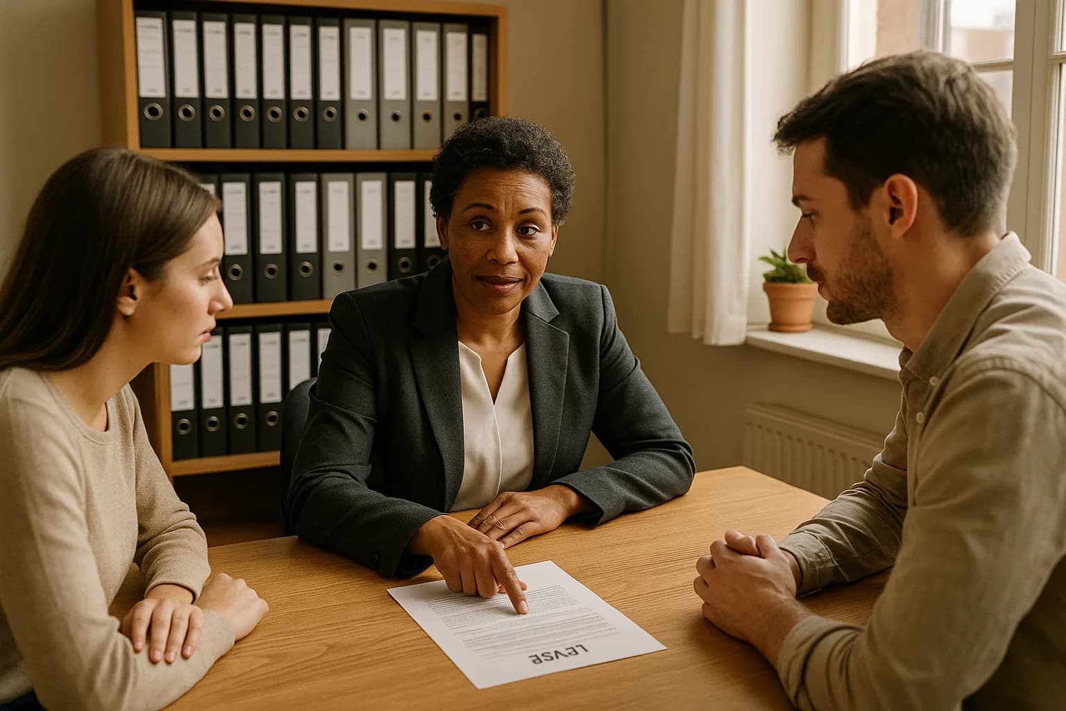 A female property professional explaining lease clauses to a young tenant couple across a wooden office table in a practical South African office.