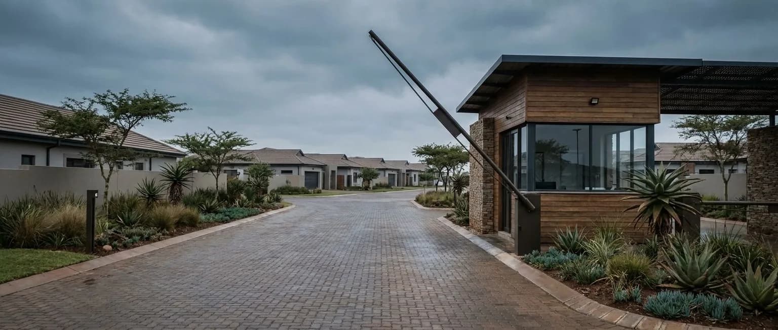 Security estate entrance with boom gate in a South African residential complex