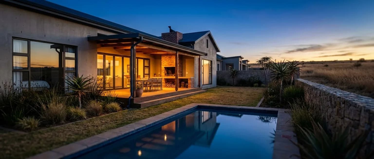 South African back garden with stoep, built-in braai and pool at dusk