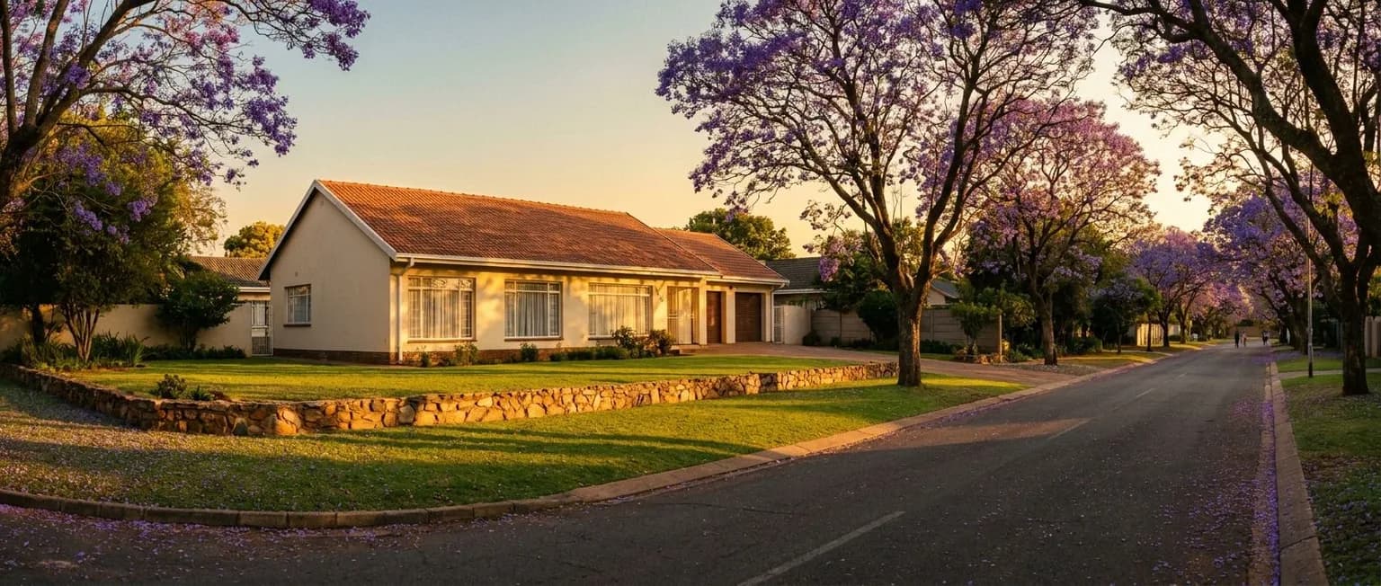 Freestanding South African family home on a jacaranda-lined Highveld street at golden hour