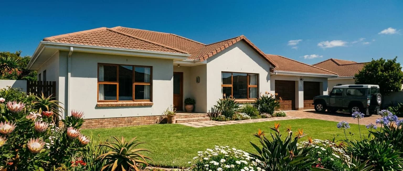 Neat South African suburban home with trimmed lawn under a clear midday sky