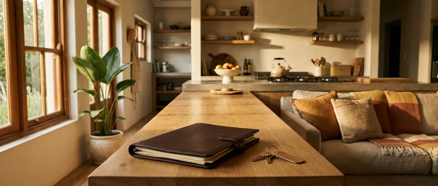 Open-plan South African kitchen with house keys and a signed mandate folder on the counter