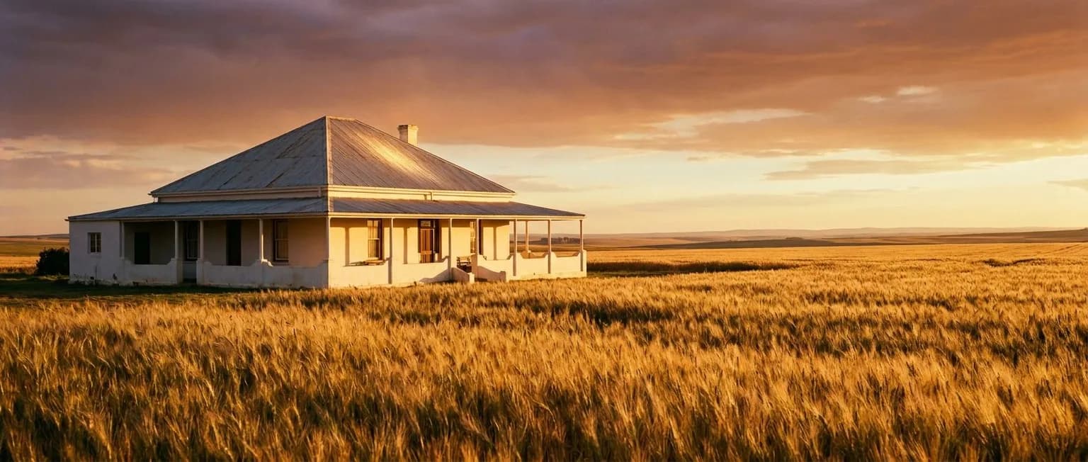 Farm homestead with wraparound stoep among golden wheat fields at sunset