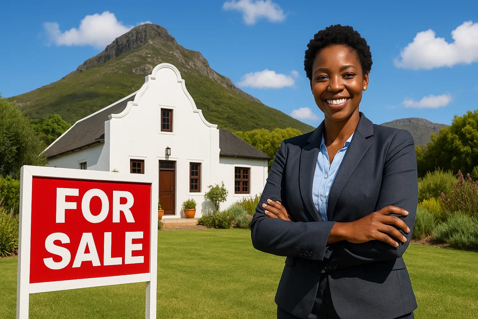 A friendly estate agent stands beside a For Sale board outside a whitewashed Cape home, ready to walk sellers through a sole mandate agreement.