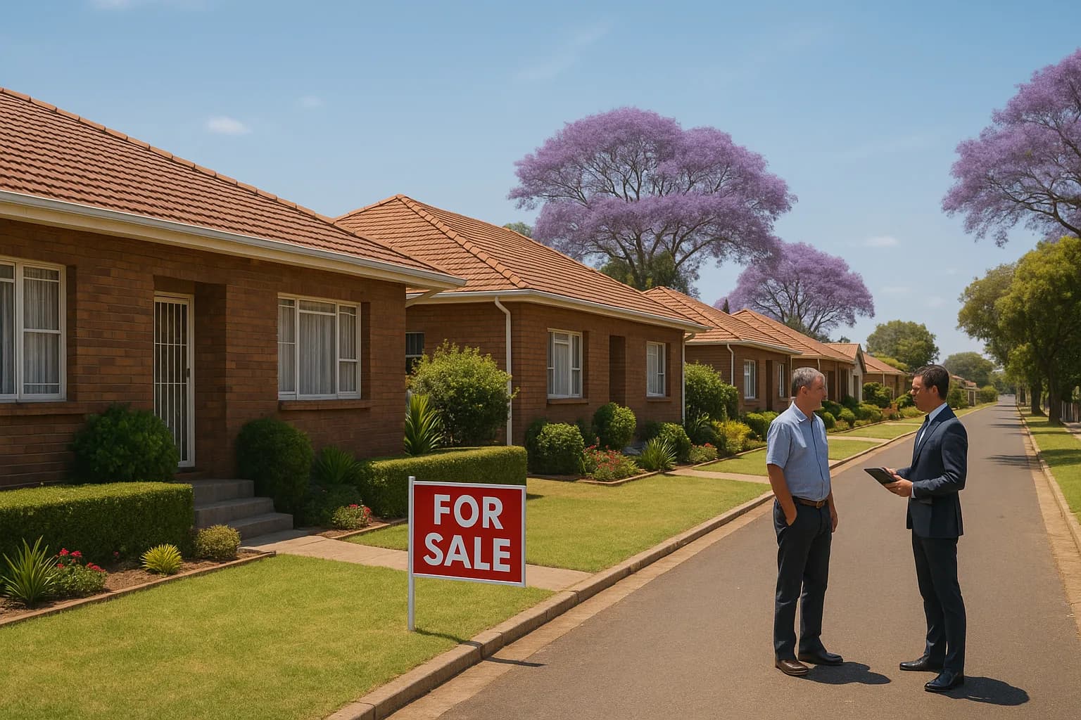 A middle-aged man speaking to an estate agent on the pavement outside a facebrick home with a For Sale board in the garden.