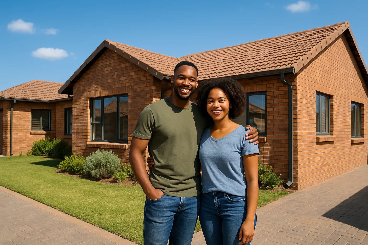 A happy young South African couple standing proudly outside their new face-brick home after learning how transfer duty applies to their property purchase.