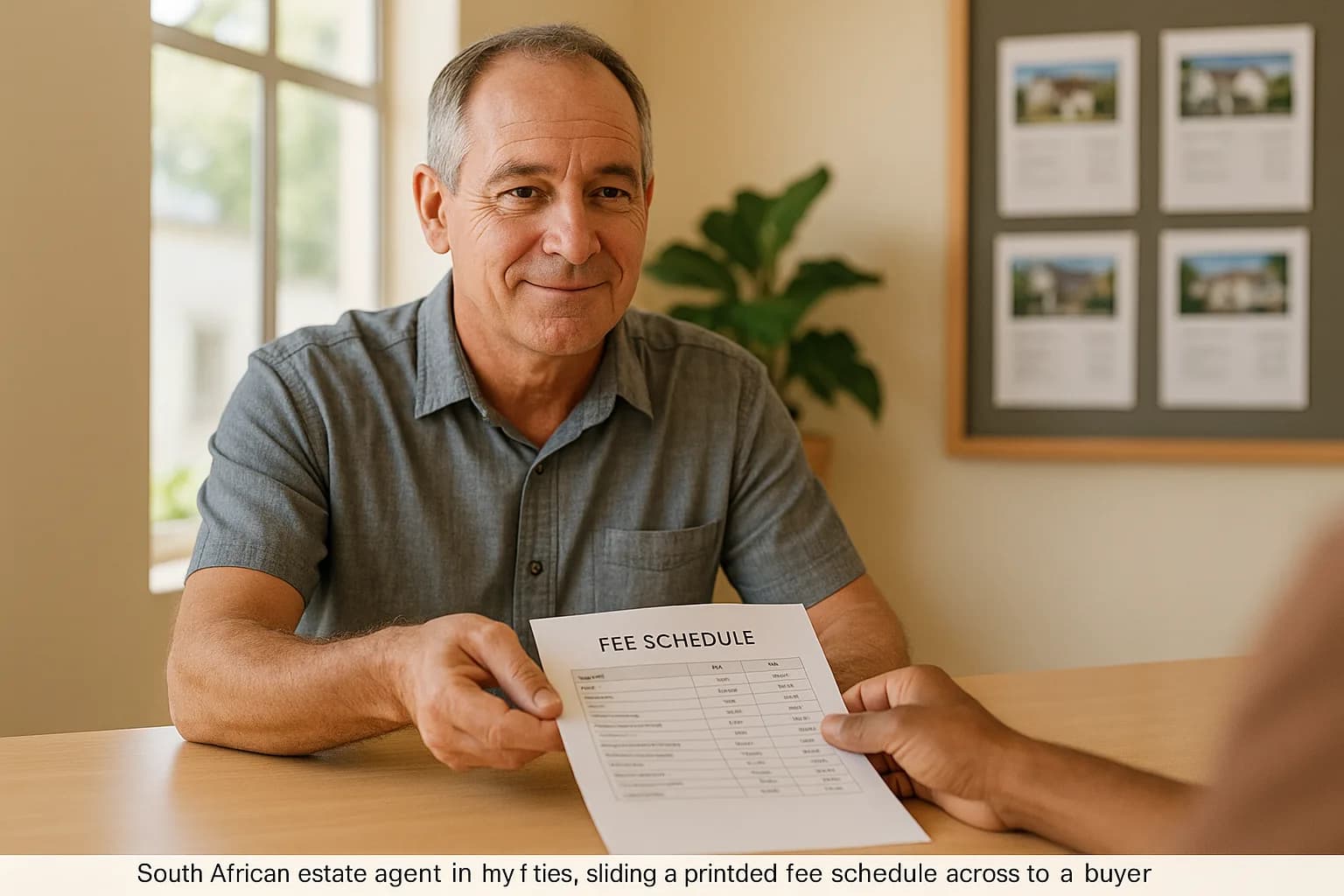 An estate agent slides a printed fee schedule across a counter to a property buyer at a South African estate agency office.
