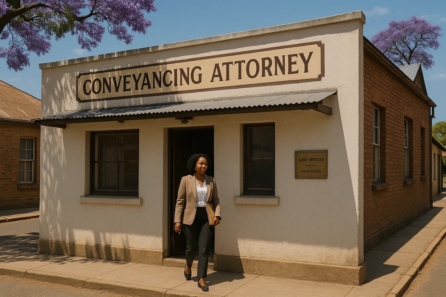 A South African attorney steps out of a small-town conveyancing office holding a brown envelope on a quiet provincial streetscape.