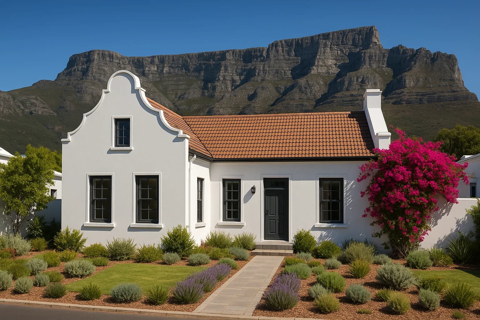 Attractive Western Cape home with Table Mountain backdrop — understanding transfer attorney fees when buying property in the Cape.