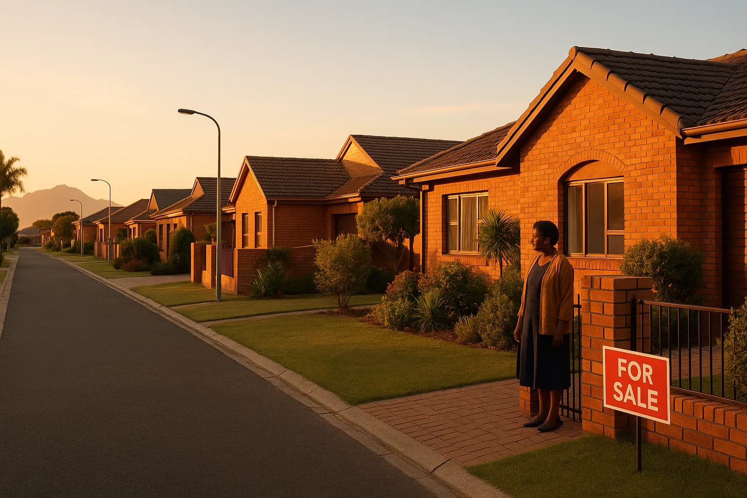A South African woman stands at the gate of a facebrick suburban home with a For Sale board in the front garden.