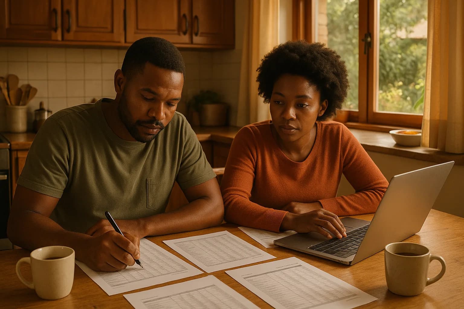 A couple sits at a kitchen table reviewing printed budget documents and writing notes while planning property purchase costs.